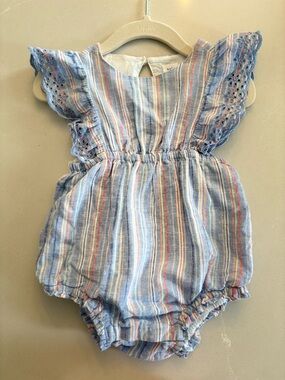 GAP Striped Blue Eyelet Sleeve Baby Romper